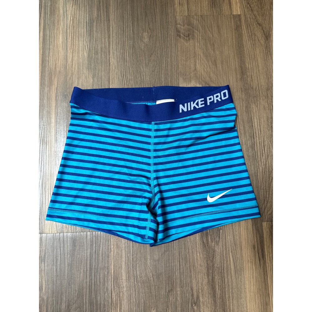 Nike Pro Compression Shorts Womens Large Blue Teal Striped Dri-FIT Athletic